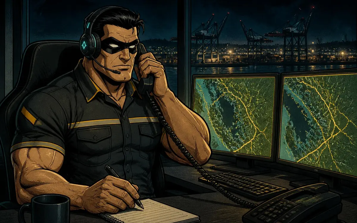 Dispatcher with a headset at a desk with route maps