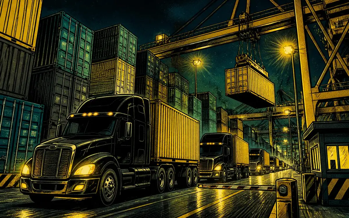 Busy container terminal with trucks lined up at the gate