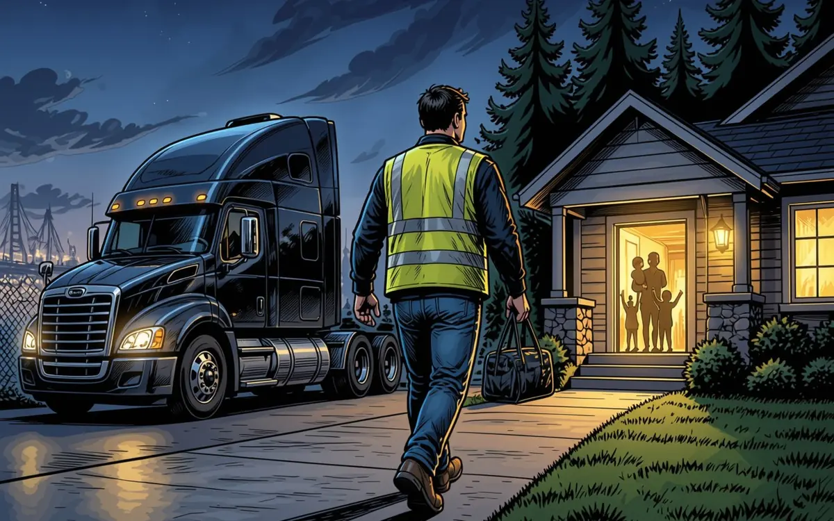Driver walking from his parked truck to his home at dusk